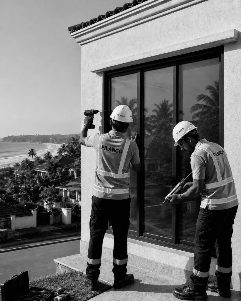 PILANCO team installing premium windows at a Goa coastal villa